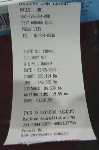 Sample of a correct taxi bill